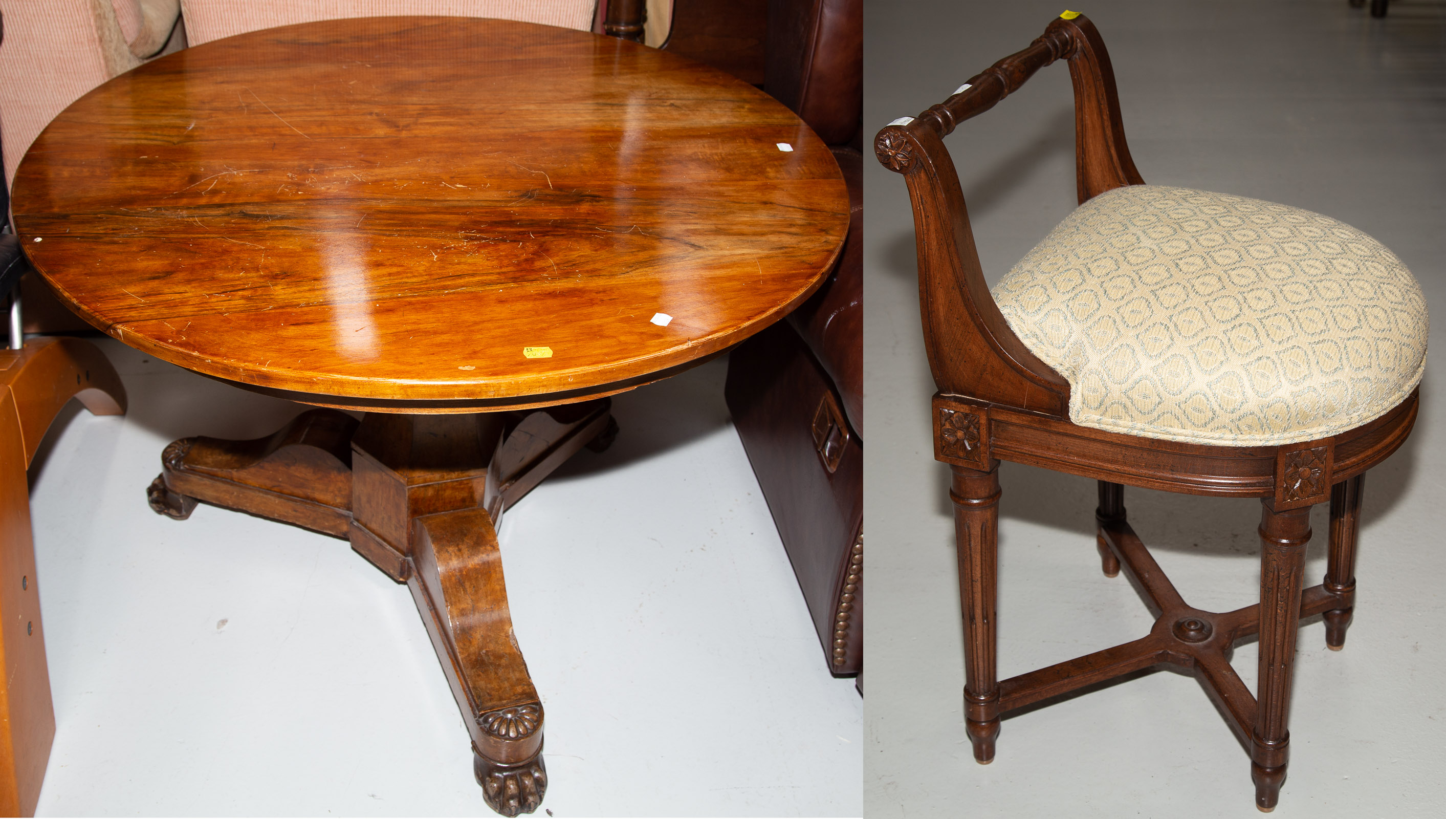 Appraisal: BIEDERMEIER STYLE CENTER TABLE A VANITY STOOL Comprising a walnut