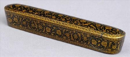 Appraisal: PERSIAN BLACK-GROUND LACQUER PEN BOX The sliding case with gilt