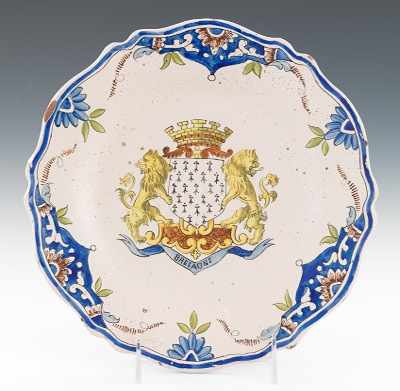 Appraisal: A Malicorne Faience Armorial Plate Hand decorated shaped faience plate