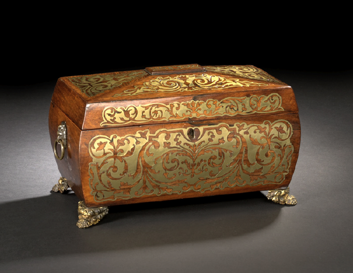 Appraisal: Good William IV Cut Brass-Inlaid Rosewood Bombe-Form Triple-Compartment Tea Box