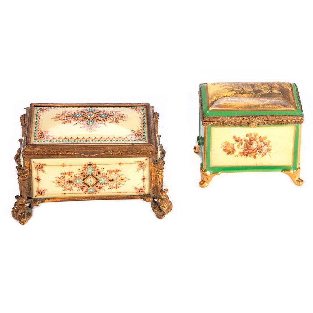 Appraisal: Two Continental Porcelain Painted Boxes Brass Box set with Yellow