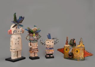 Appraisal: Gregory Lomayesva b Kachinas polychromed wood and feathers x x