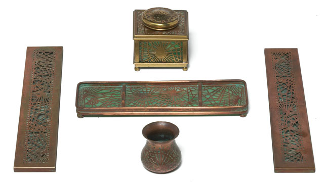 Appraisal: Tiffany Studios desk set inkwell tray blotter ends and vase