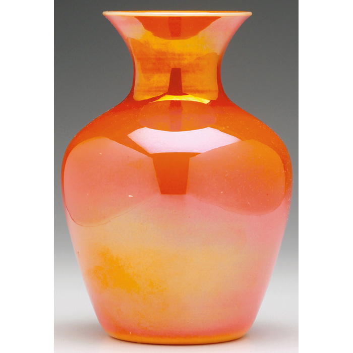 Appraisal: Imperial vase shouldered form in orange glass with surface iridescence