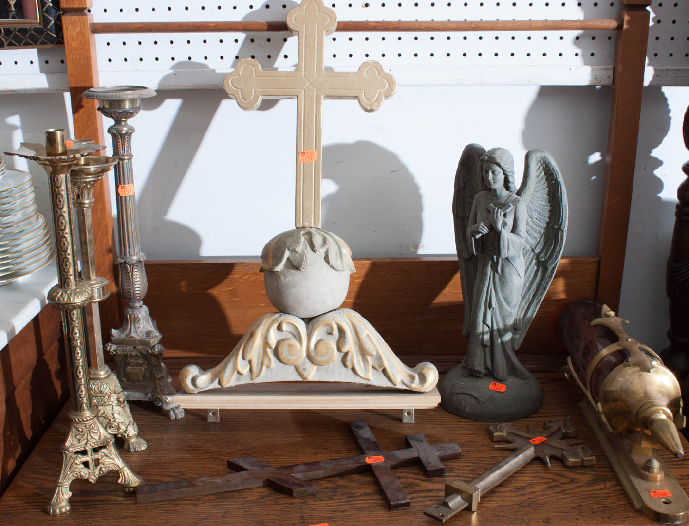 Appraisal: Assortment of religious items including three candle holders three crosses