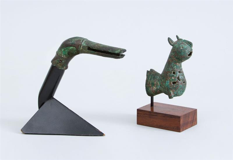 Appraisal: EGYPTIAN BRONZE DUCK HEAD HANDLE AND A BRONZE FIGURE OF