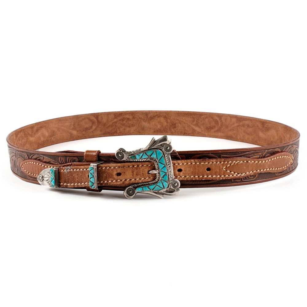 Appraisal: Navajo Sterling Turquoise Buckle Leather Belt Navajo sterling silver and