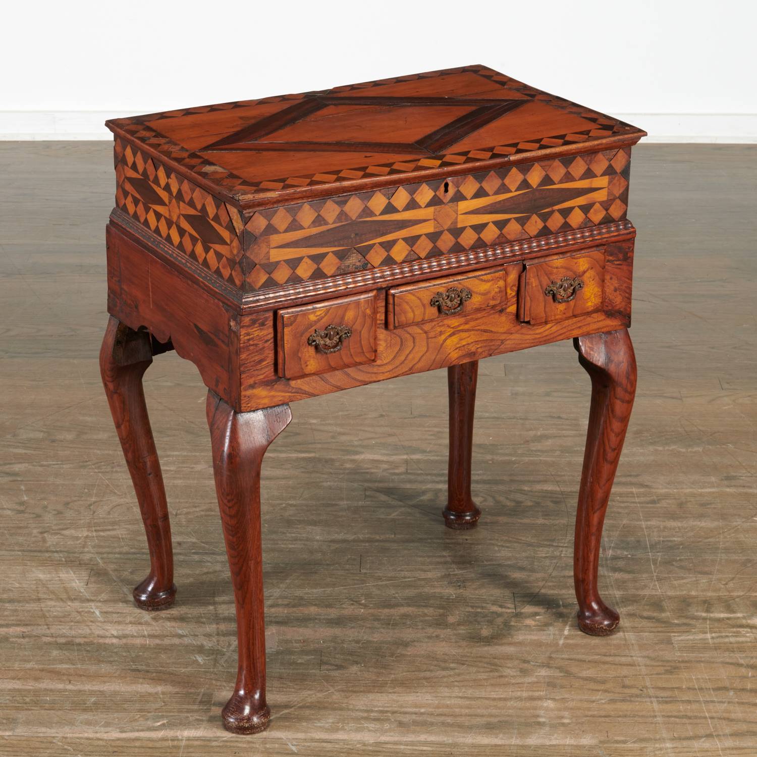 Appraisal: UNUSUAL CONTINENTAL PARQUETRY WORK TABLE th c likely Dutch mixed