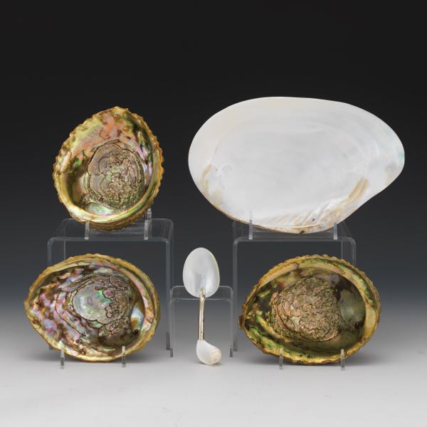 Appraisal: Four Shell Bowls with Mother of Pearl Serving Spoon Including