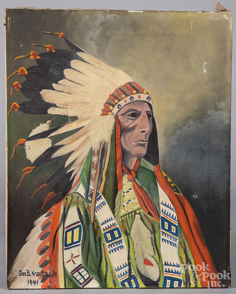 Appraisal: Oil on canvas portraits of Native American chiefs Two oil