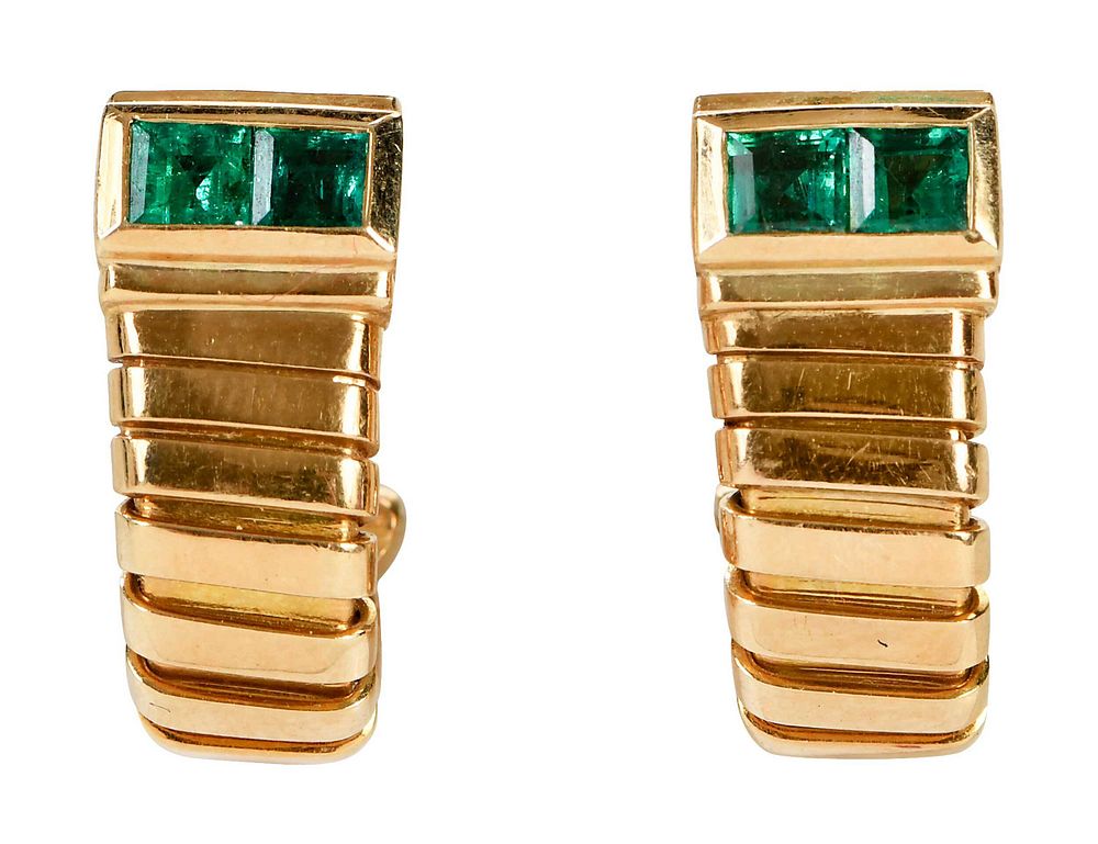 Appraisal: Bulgari kt Emerald Earclips tubogas design each with two square