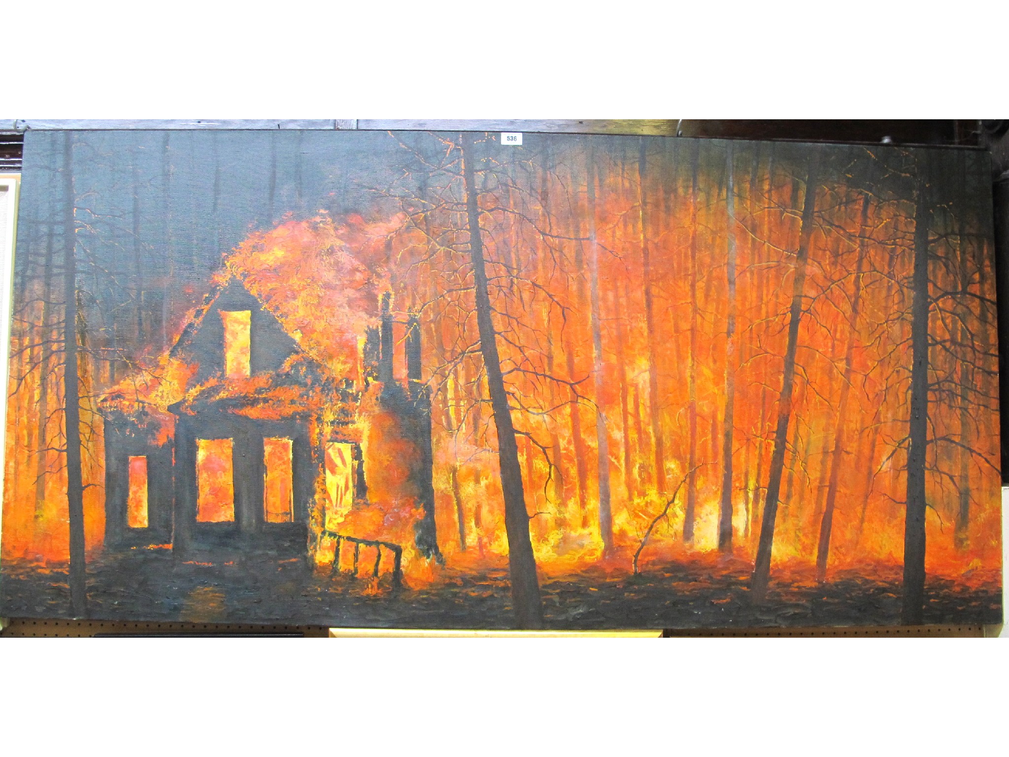 Appraisal: GERRY LACEY Architectural Fantasy acrylic on board forest fire oil