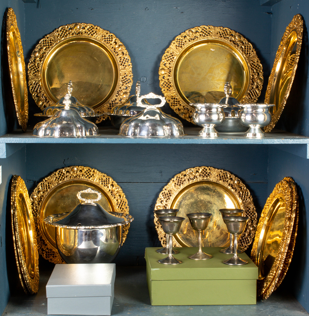 Appraisal: Two shelves of silver plate and gilt metal tableware including