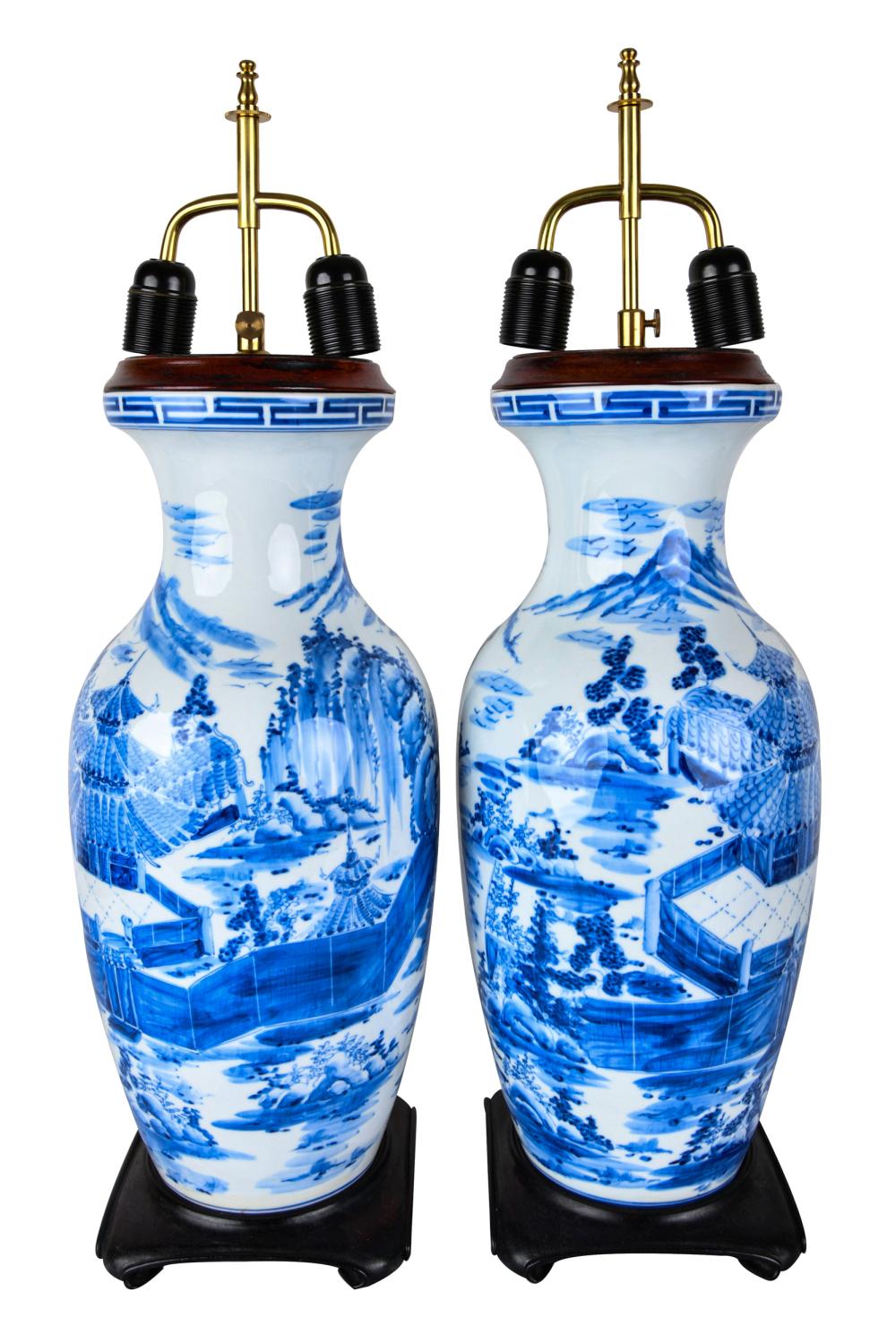 Appraisal: PAIR OF CHINESE BLUE WHITE PORCELAIN VASESmounted as table lamps