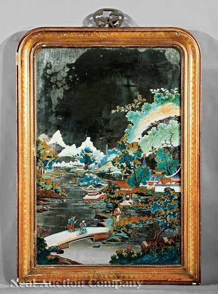 Appraisal: A Rare Chinese Export Reverse-Painted Mirror set within a Gilded