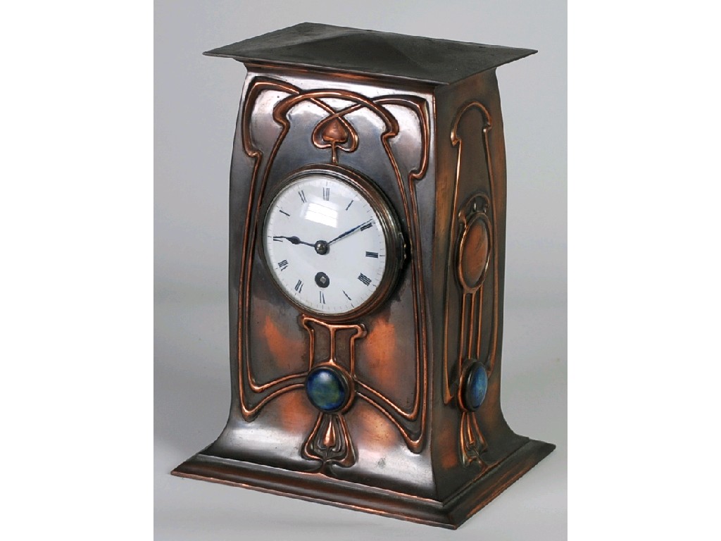 Appraisal: STYLISHLY ART NOUVEAU OXIDISED COPPER CASED MANTEL CLOCK inset with