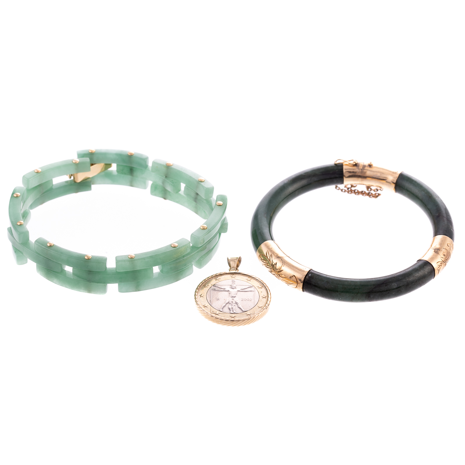 Appraisal: TWO JADE BRACELETS EURO PENDANT IN K K yellow gold