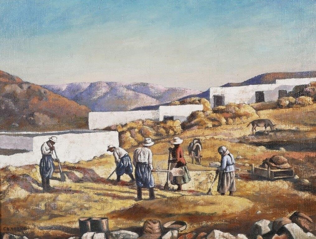 Appraisal: Oil on rough canvas painting of Greece showing a farm