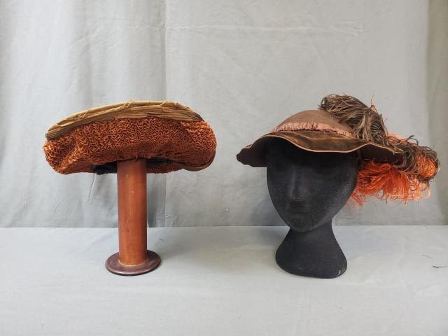 Appraisal: antique ladies hats including a brown hat with green silk