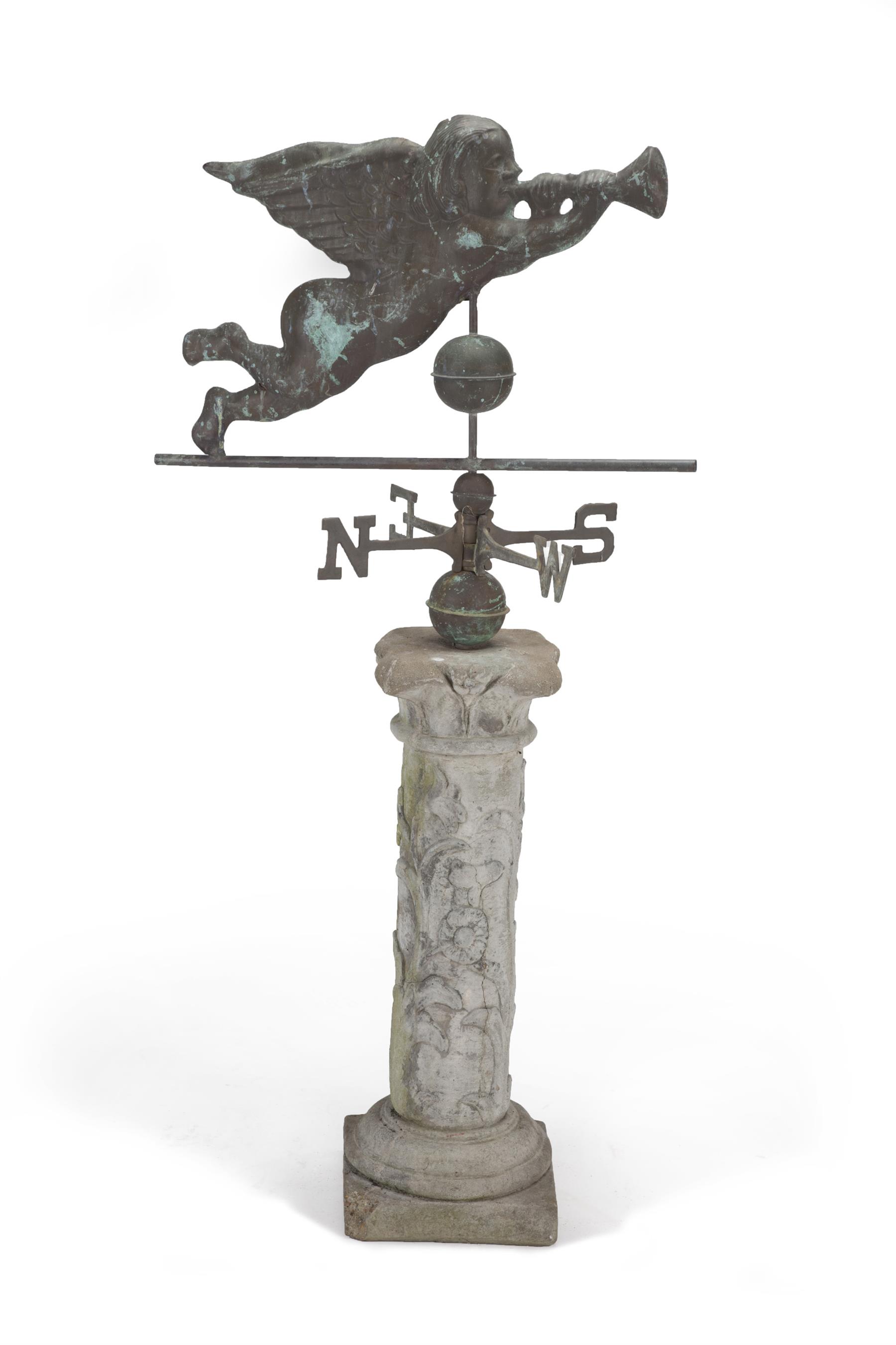 Appraisal: AMERICAN WEATHERVANE ON COLUMN Twentieth century Full-bodied copper cherub vane