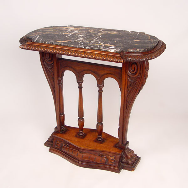 Appraisal: DECO ERA DIMINUTIVE CARVED MAHOGANY MARBLE TOP SIDE TABLE Measures