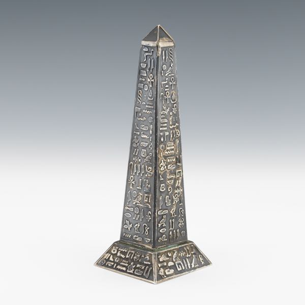 Appraisal: EGYPTIAN REVIVAL SILVER OBELISK CAIRO DATED Egyptian Revival cabinet ornament