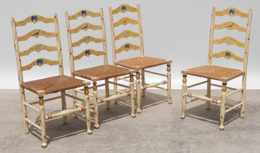 Appraisal: SET OF PAINT DECORATED LADDER BACK CHAIRS BY STICKLEY Painted