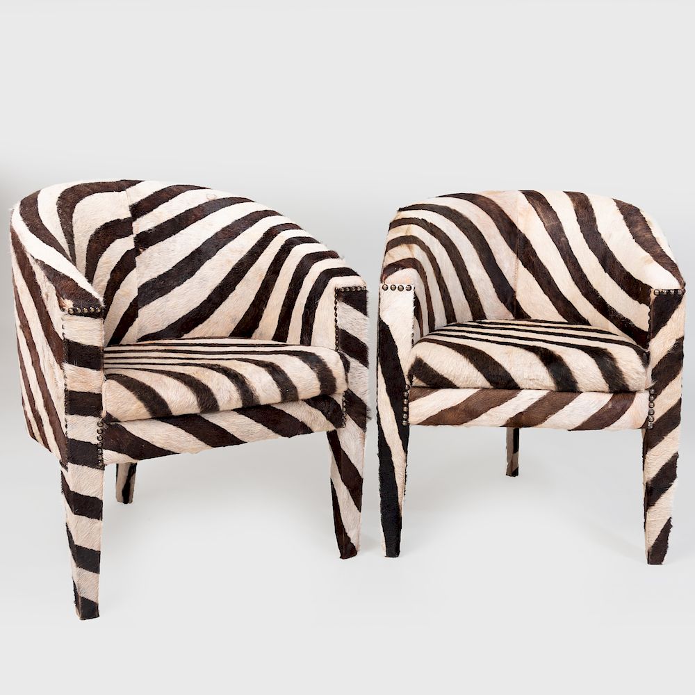 Appraisal: Pair of Zebra Print Calf Skin Tub Chairs On three