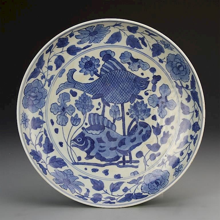 Appraisal: Chinese Blue White Porcelain Fish Plate with two large fish