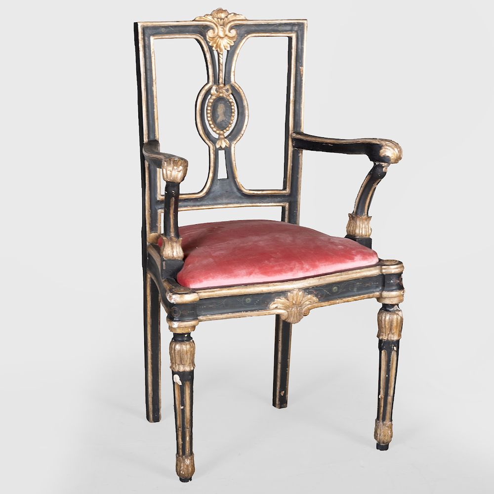 Appraisal: Italian Neoclassical Painted and Parcel-Gilt Armchair Upholstered in velvet x