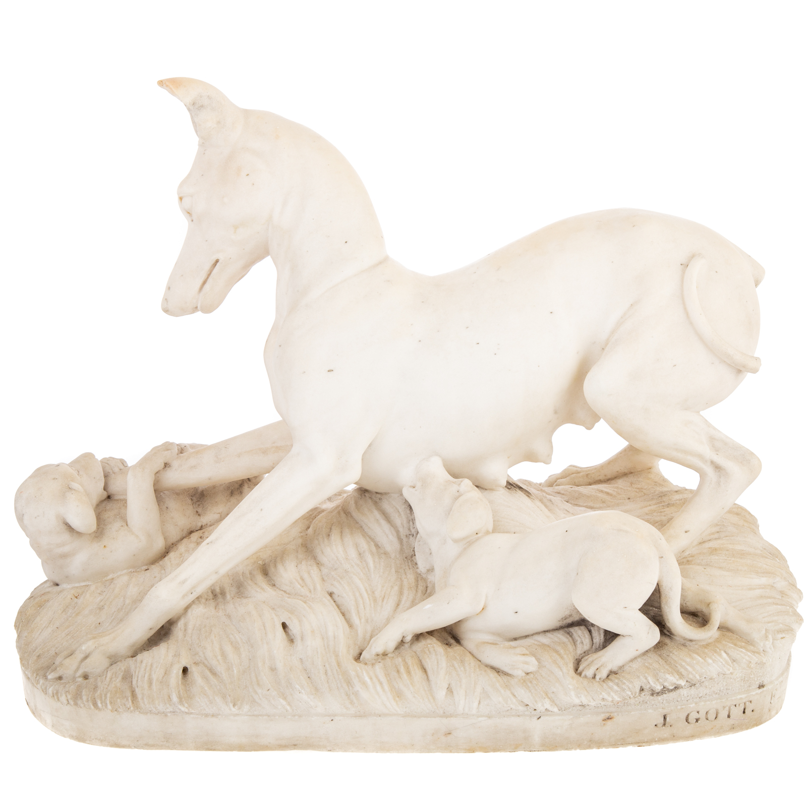 Appraisal: JOSEPH GOTT GREYHOUND PUPPIES MARBLE SCULPTURE English - Carved marble