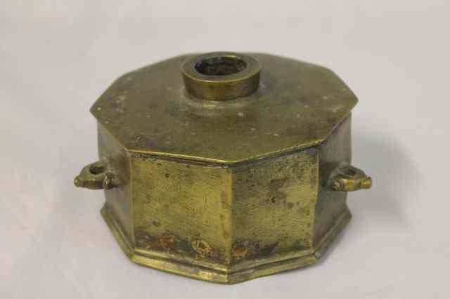 Appraisal: AN INDIAN HEXAGONAL BRONZE INKWELL and a ritual ladle