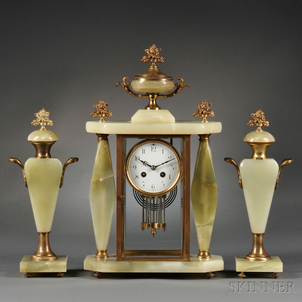 Appraisal: Three-piece Green Onyx Mantle Clock Garniture France th century gilt-bronze