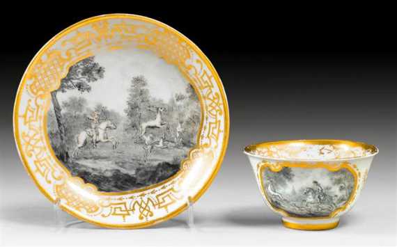 Appraisal: FINE CUP AND SAUCER WITH AUGSBURG HAUSMALER DECORATION Meissen circa