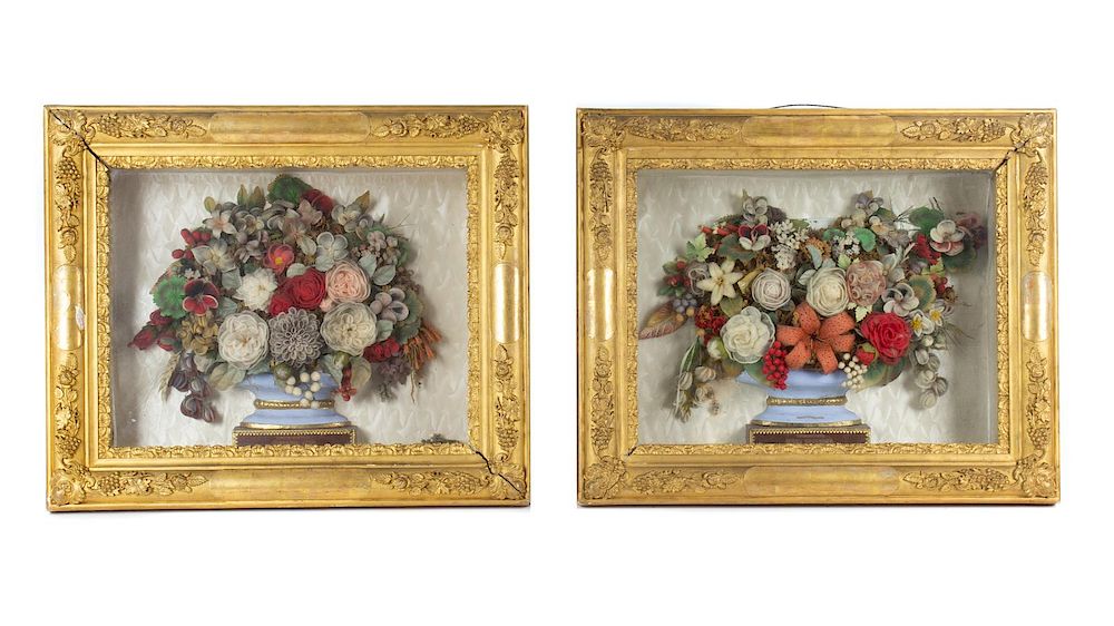 Appraisal: A Pair of Victorian Floral Dioramas A Pair of Victorian