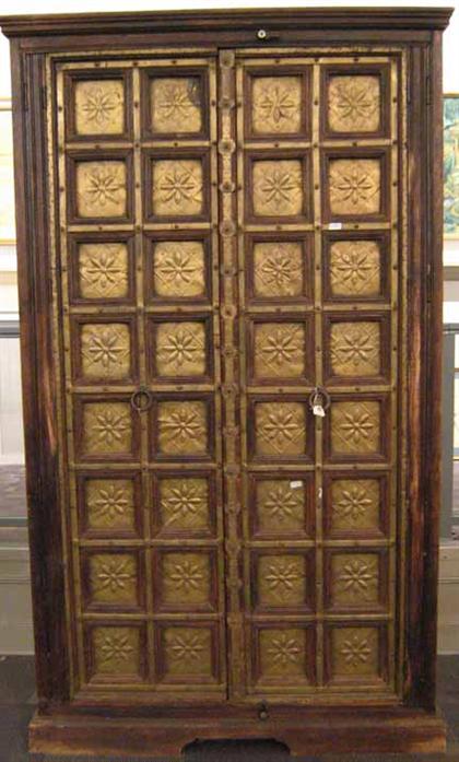 Appraisal: Large Mahogany armoire th century Withe inset repeating brass plates