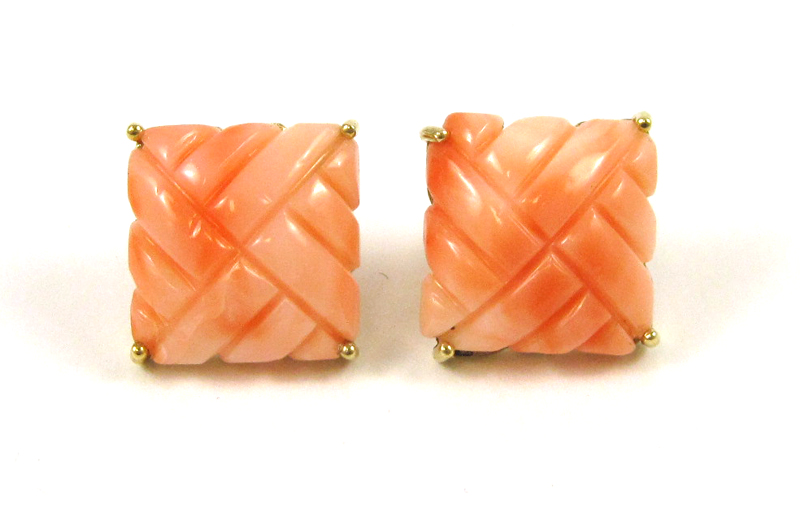 Appraisal: PAIR OF PINK CORAL EARRINGS each k yellow gold set