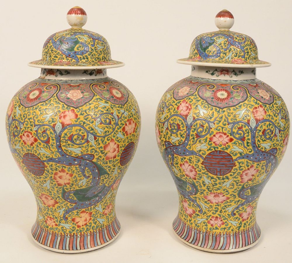 Appraisal: Pair of Famille Verte Covered Jars baluster form with painted