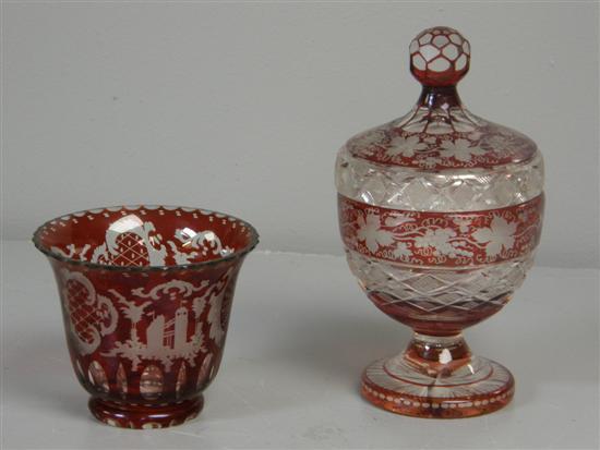 Appraisal: th century German red cased cut glass jar and cover