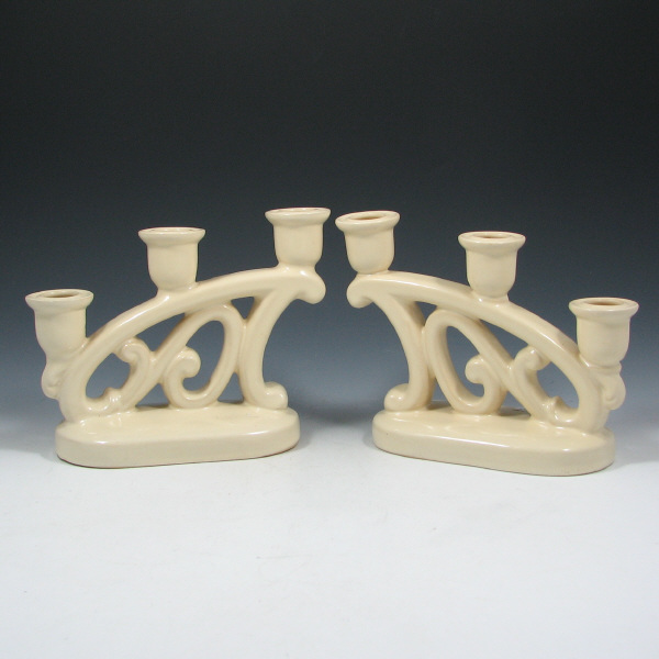 Appraisal: Weller Triple Candleholders - Mint Pair of Weller triple candleholders