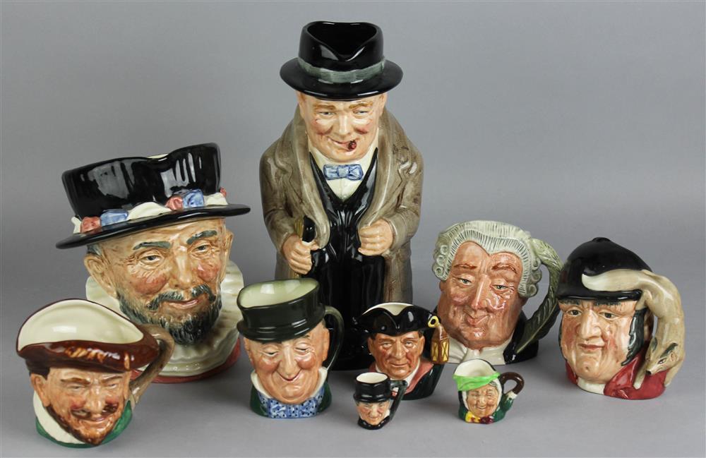 Appraisal: NINE ROYAL DOULTON FIGURAL JUGS green printed marks including Winston