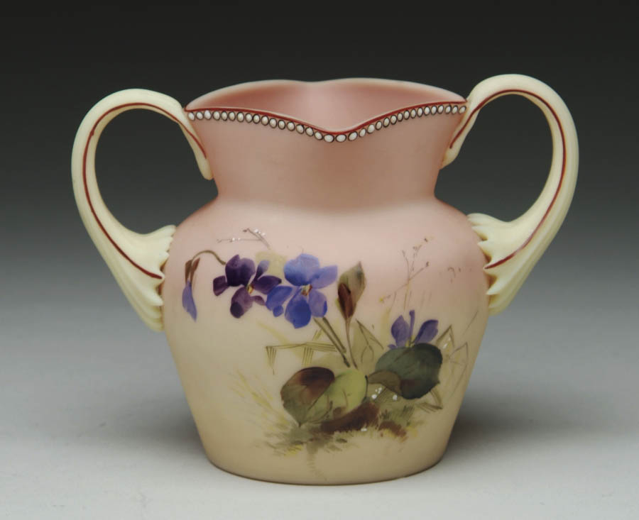 Appraisal: MT WASHINGTON BURMESE DECORATED VASE Rare two-handled vase with violet