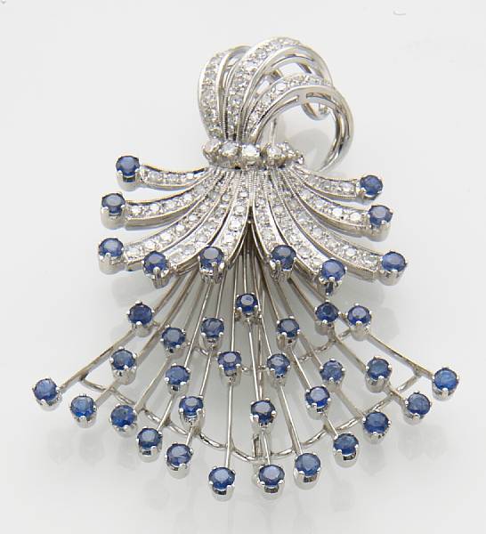 Appraisal: A sapphire diamond and platinum spray brooch estimated total sapphire