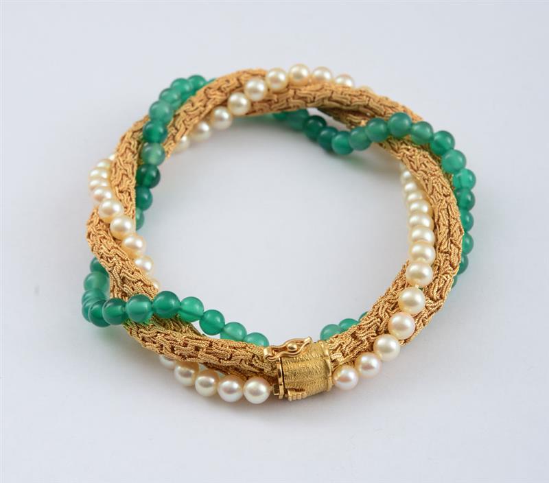 Appraisal: K GOLD CULTURED PEARL AND GREEN CHALCEDONY BRACELET BULGARI Double-strand