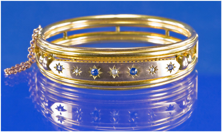 Appraisal: ct Gold Diamond and Sapphire Bangle with Safety Chain