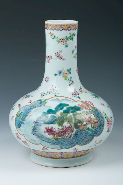 Appraisal: FAMILLE-ROSE 'LANDSCAPE' VASE Of a compressed globular body to a