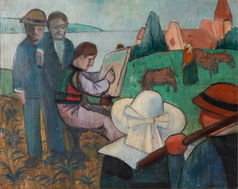 Appraisal: AFTER EMILE BERNARD LANDSCAPE WITH FIGURES oil on canvas signed