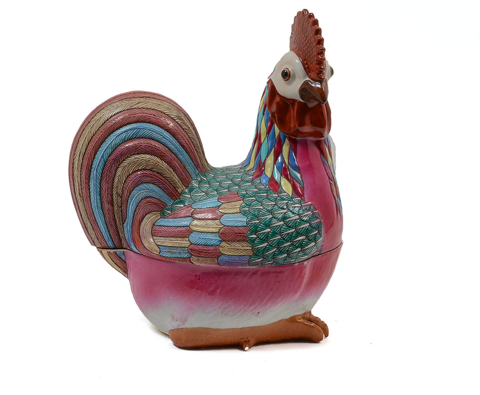 Appraisal: CHINESE EXPORT POLYCHROME ROOSTER COVERED TUREEN Polychrome earthenware rooster form