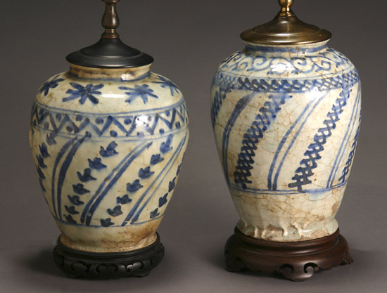 Appraisal: Two Iznik Blue Underglaze Ceramic Jars th Century Each mounted