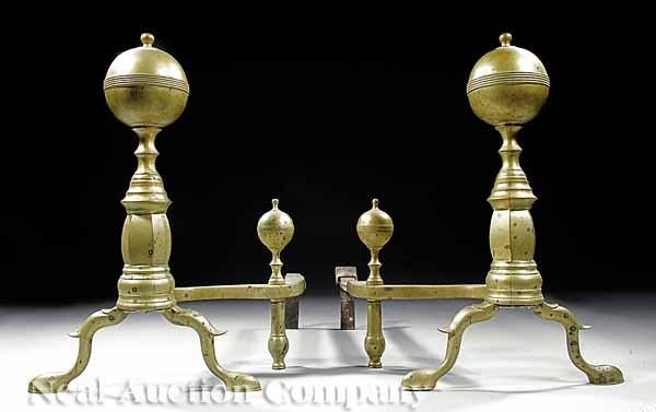 Appraisal: A Pair of American Classical Brass Ball-Top Andirons c finialed